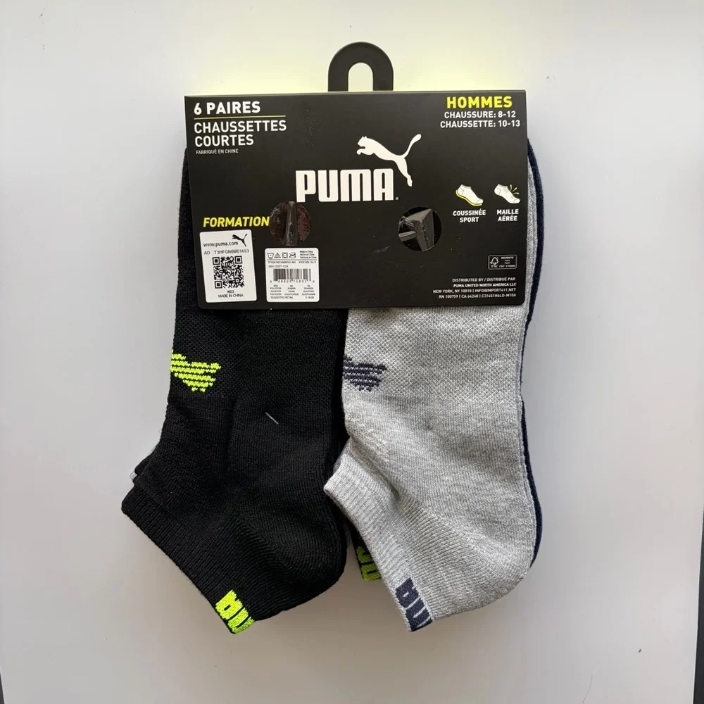 Puma men’s low cut socks 6 pack size 8-12 black gray blue yellow